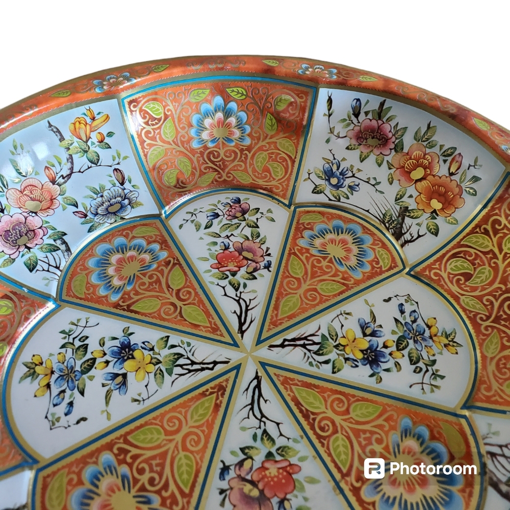 Daher Decorated Ware 1971 Tin Bowl Floral Orange Blue White Made In England - Picture 5 of 11